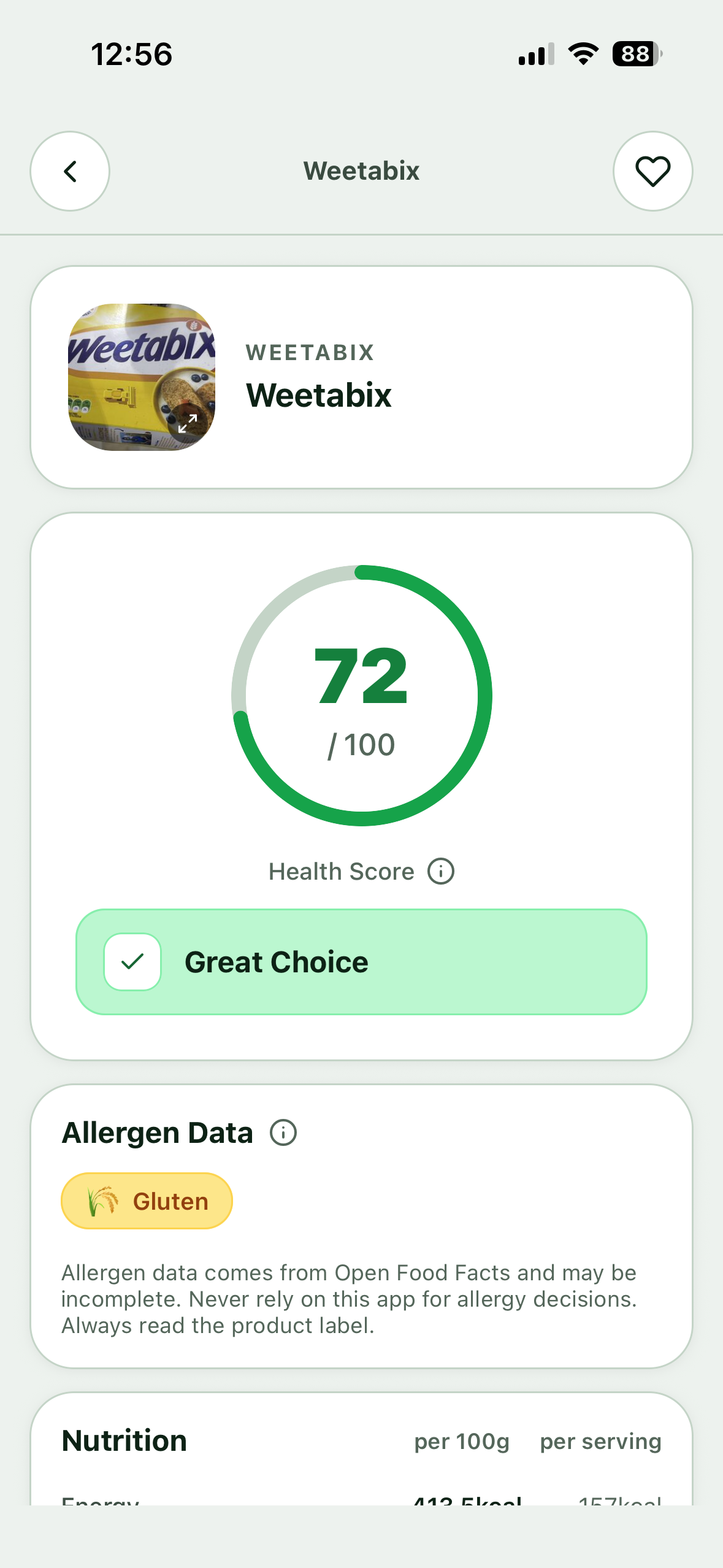 The Scrannr app showing a scanned oat drink with a 72 out of 100 health score and a Great Choice verdict